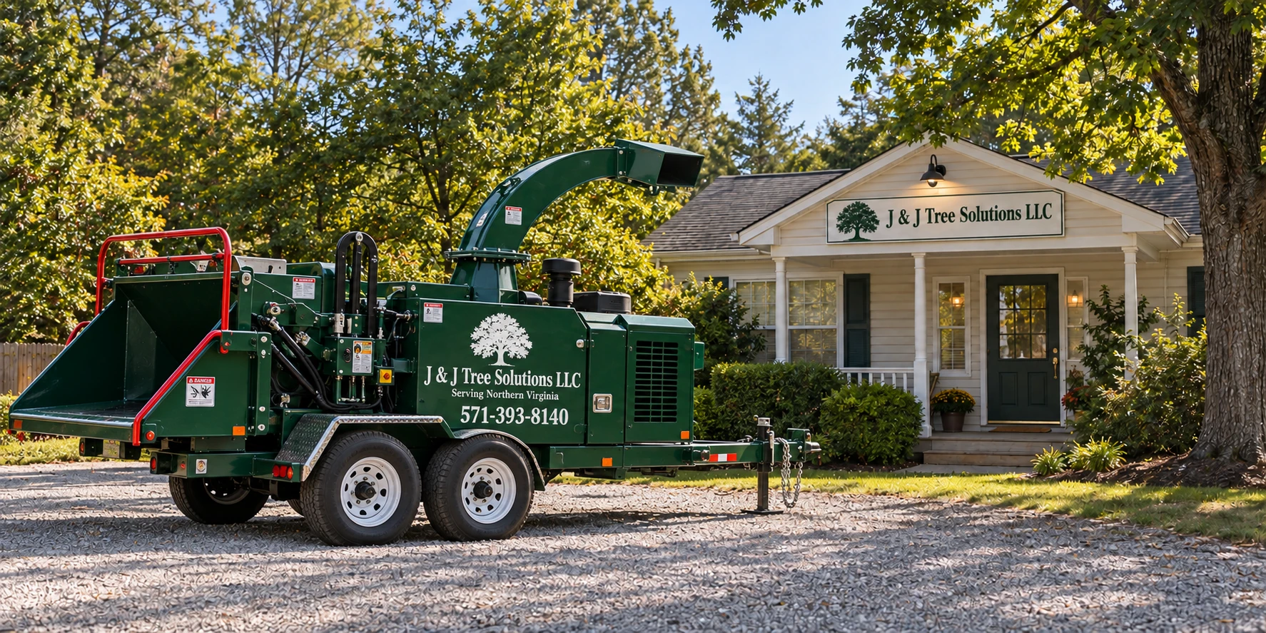 AI-created J & J Tree Solutions LLC branding image showing a green wood chipper outside a small business office